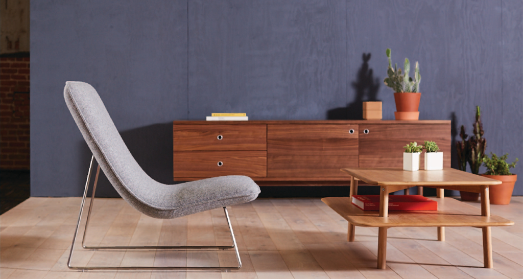 Pebble accent chair with wood credenza