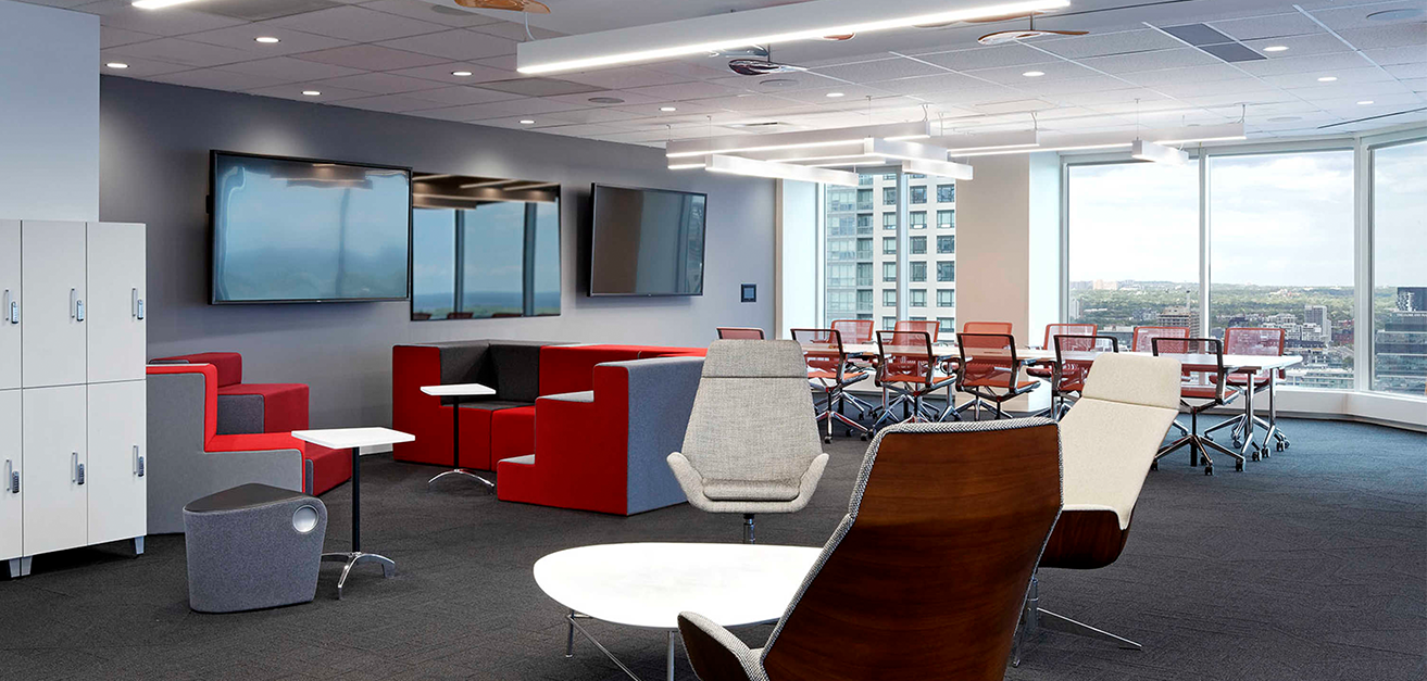 Wide view of lounge area with modern accent chairs