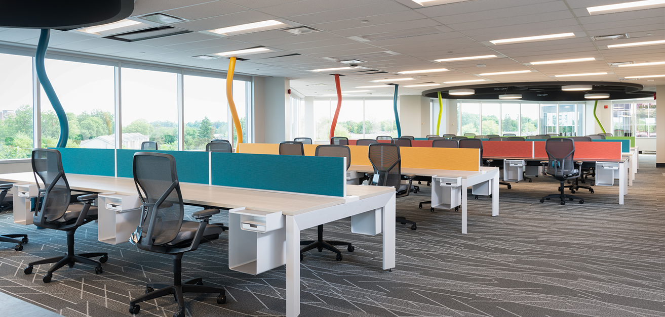 Open concept colourful office